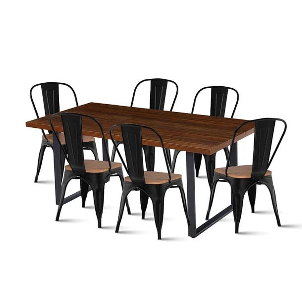 KLIK - Comedor Industrial 160x90 Oscura + 6 Sillas Tolix Negras con Asiento de Madera Oscura Walnut