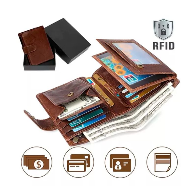 GENERICO - Cartera Antirrobo Para Hombre Clip Rfid Cuero Marron
