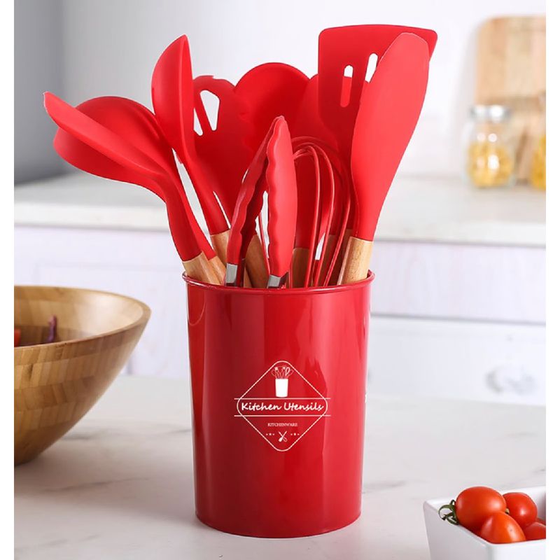 GENERICO - Set de 12 piezas de utensilios para cocina de silicona ROJO