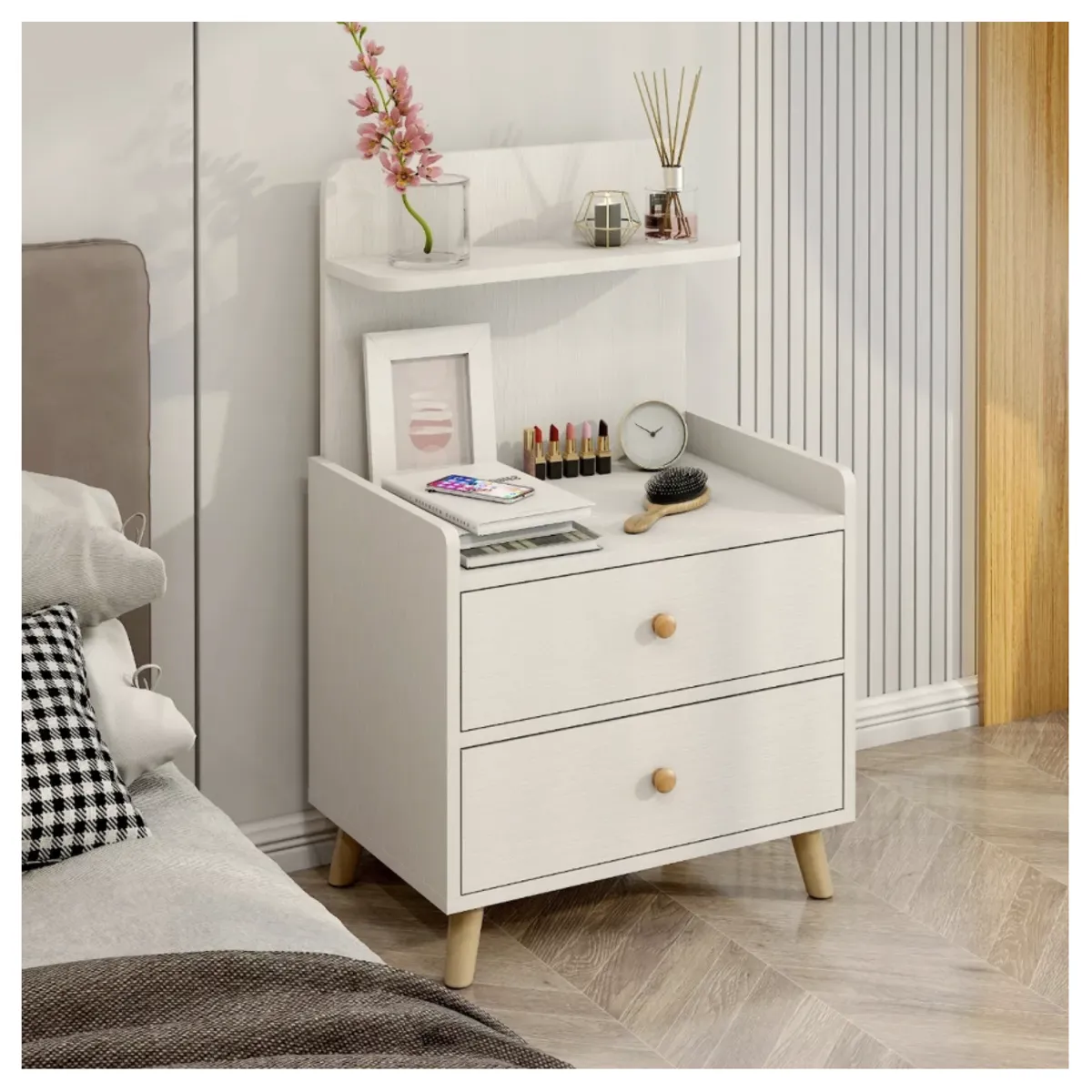 HOMER DESIGN - Velador Vanguardia 2 Cajones Bicolor 45*40*70 Con Respaldo