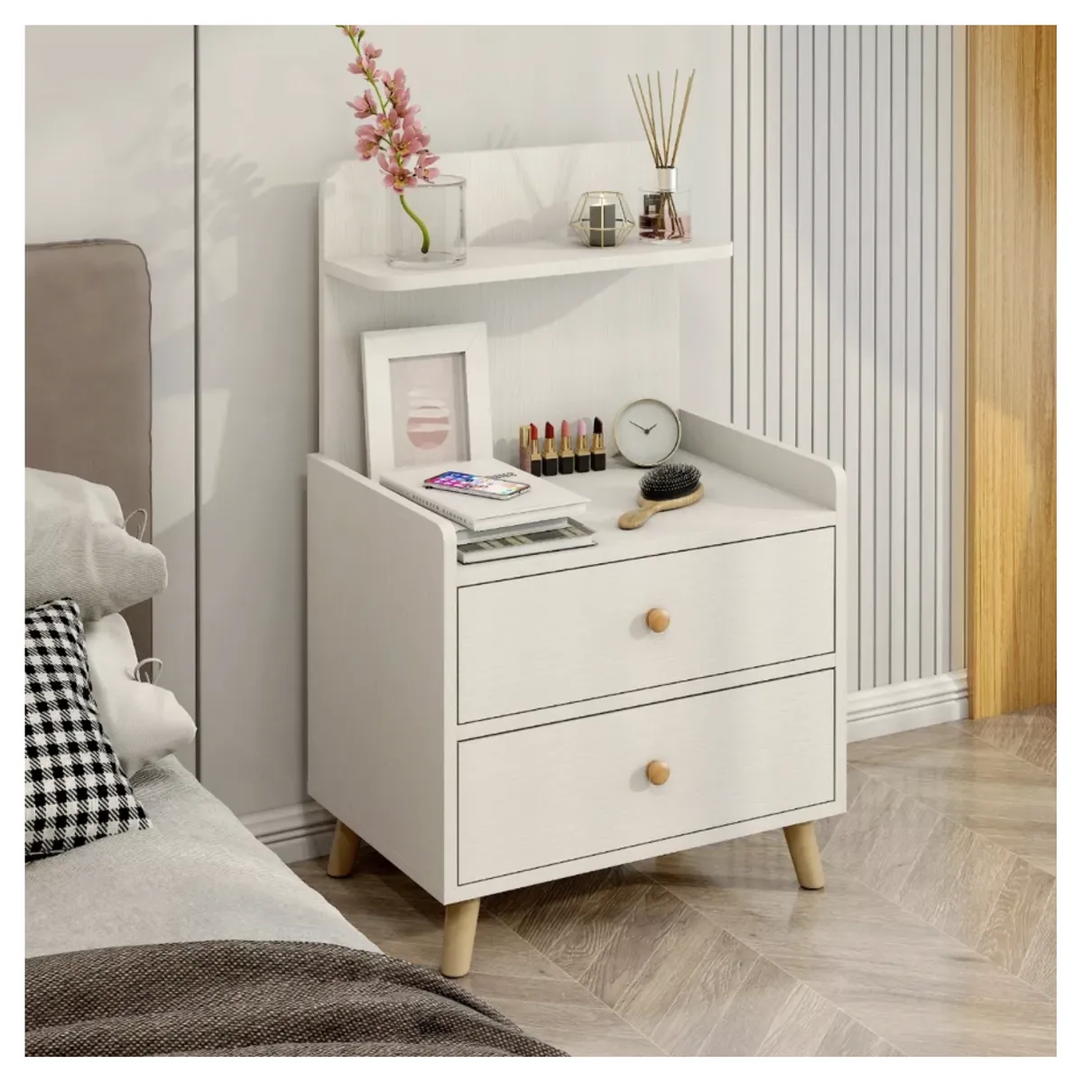 HOMER DESIGN - Velador Vanguardia 2 Cajones Bicolor 45*40*70 Con Respaldo