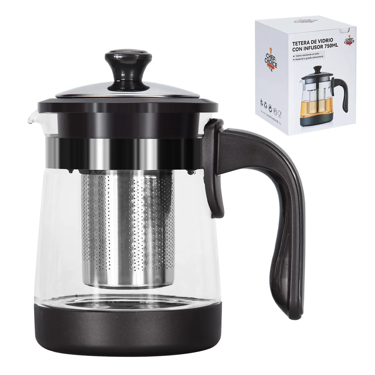 CHEFCHOICE - Tetera Vidrio Borosilicato Con Infusor Filtro Té 750ml Chef Choice