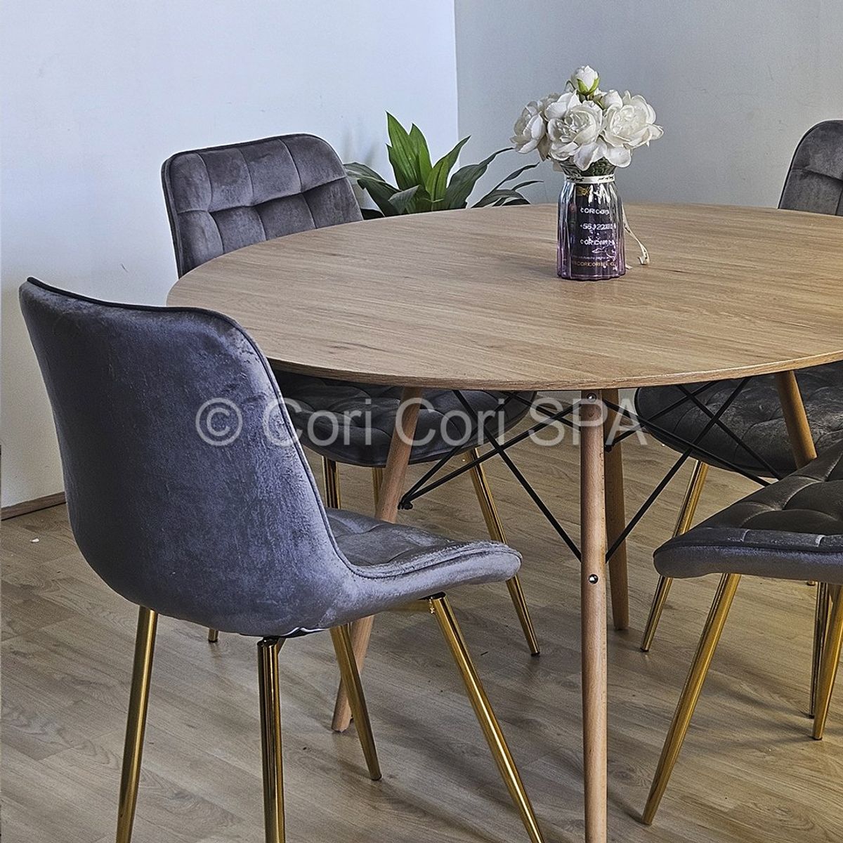 CORI CORI - Comedor Mesa Wood 120cm + 4 Sillas Capitonne Top Gris