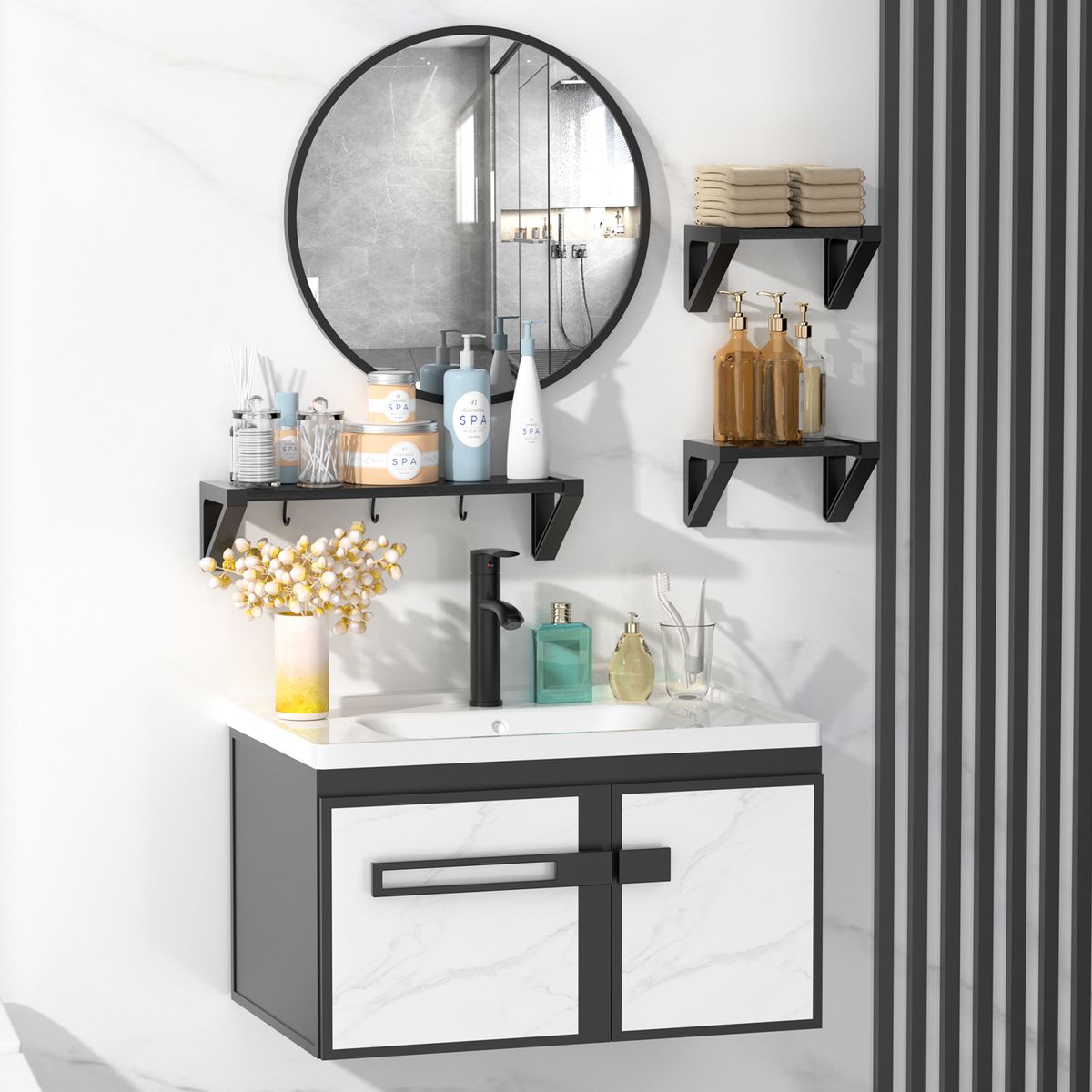 AIZO - Vanitorio Lavamanos Con Griferia Y Espejo Una Pieza 68X54cm