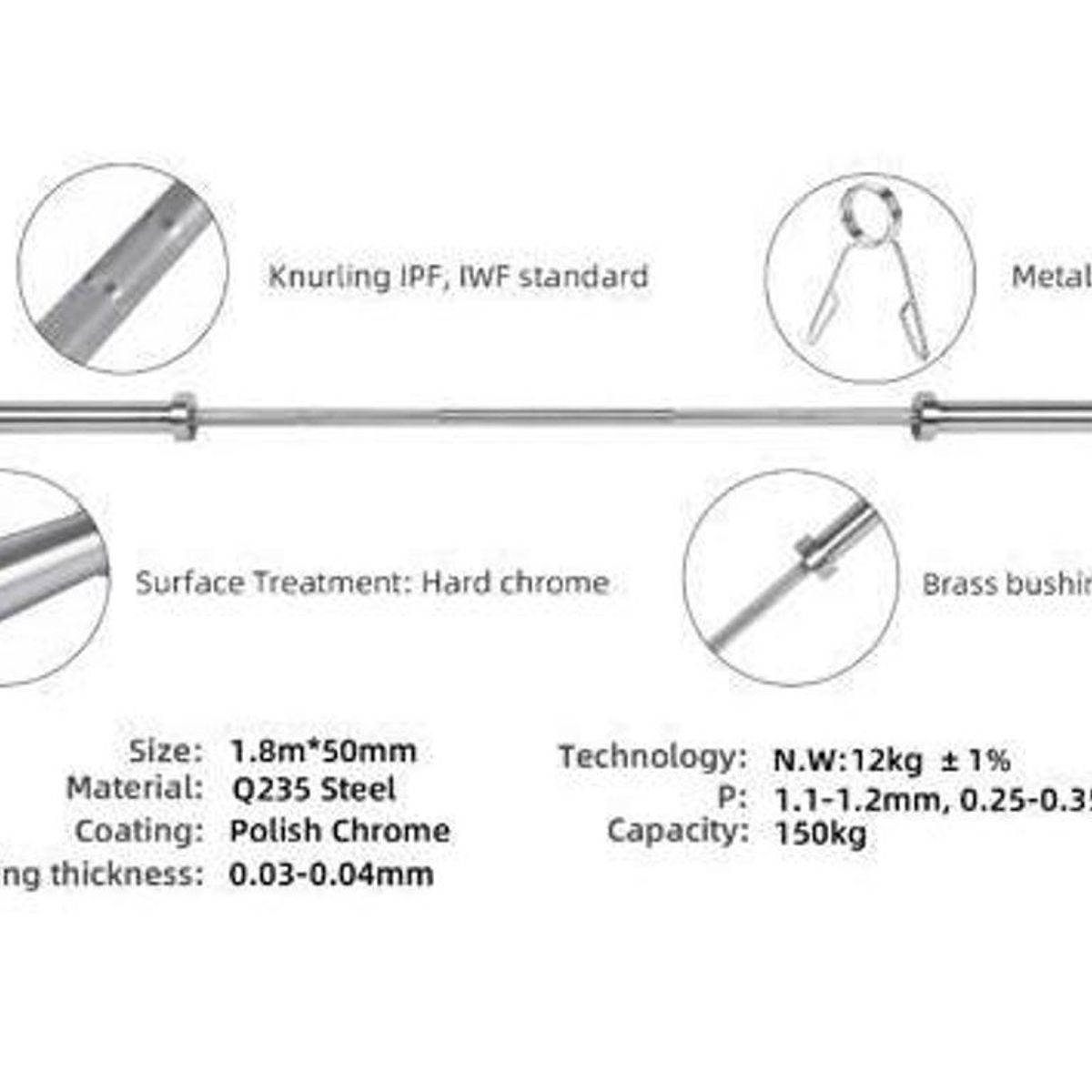 GYMHOME - Barra Olímpica 1.8 mts 12 kg máx.150 kg Gymhome