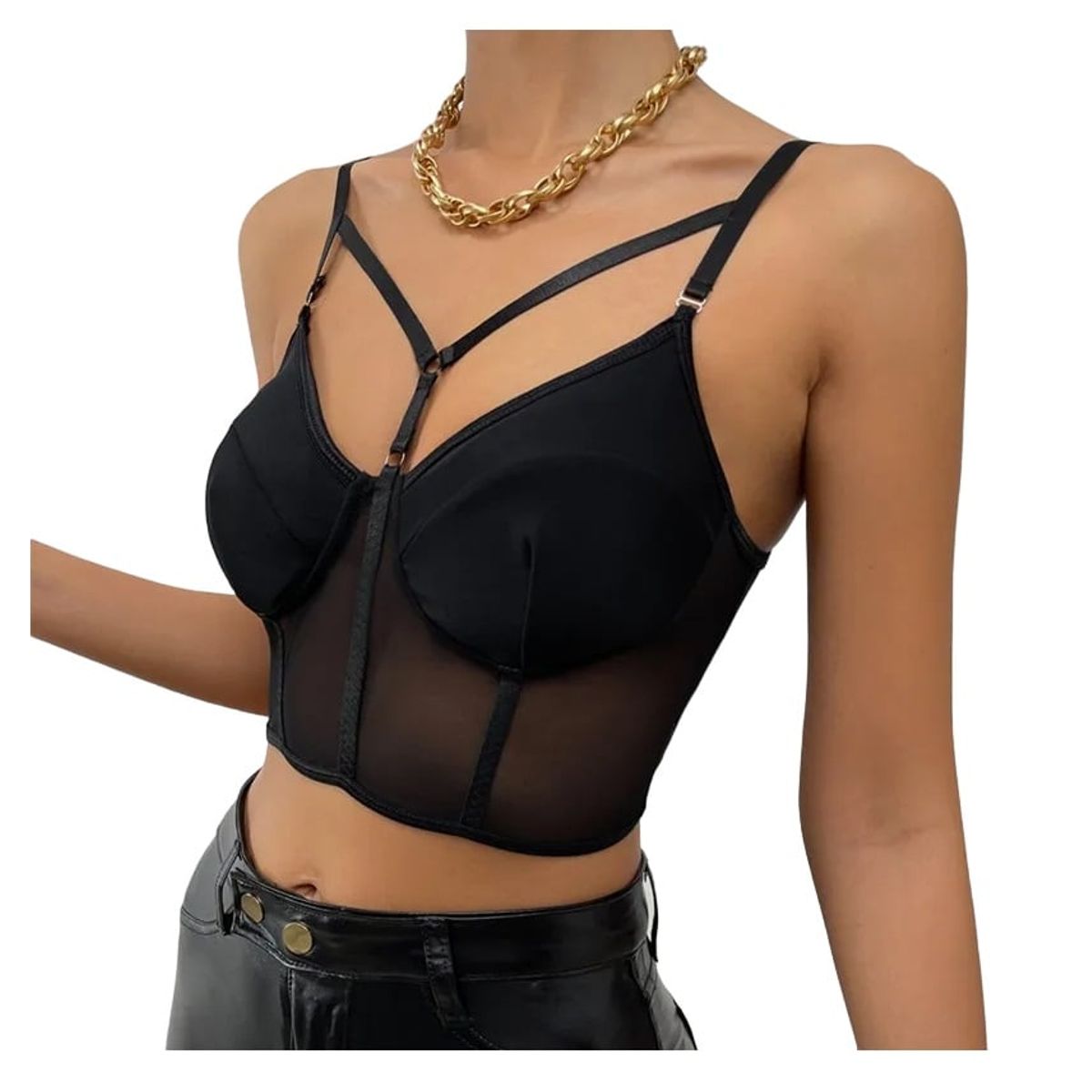 GARSIL - Peto Crops Top Corto Para Mujer Tela Malla Con Broches Y Tirante