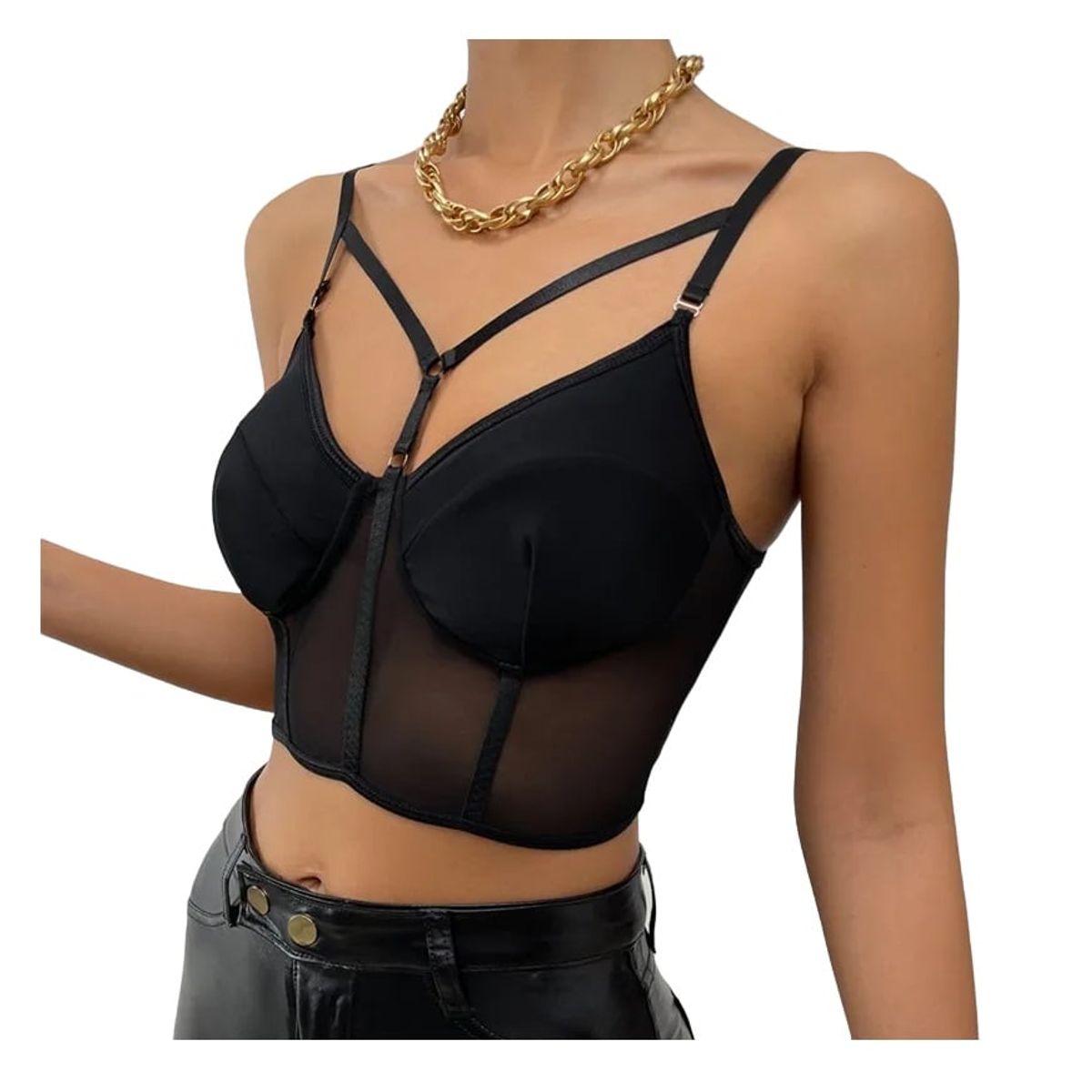 GARSIL - Peto Crops Top Corto Para Mujer Tela Malla Con Broches Y Tirante