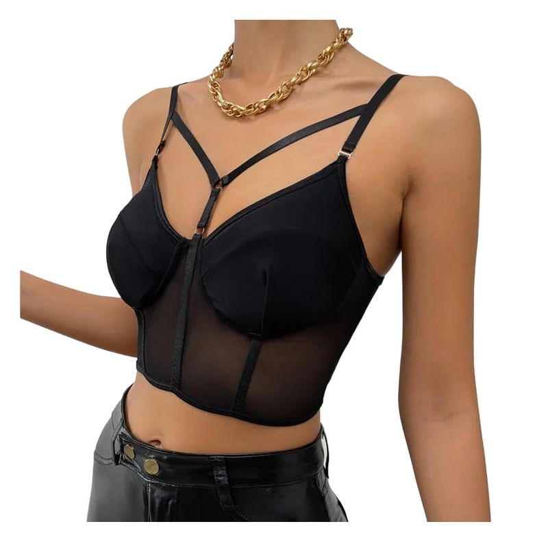 GARSIL - Peto Crops Top Corto Para Mujer Tela Malla Con Broches Y Tirante