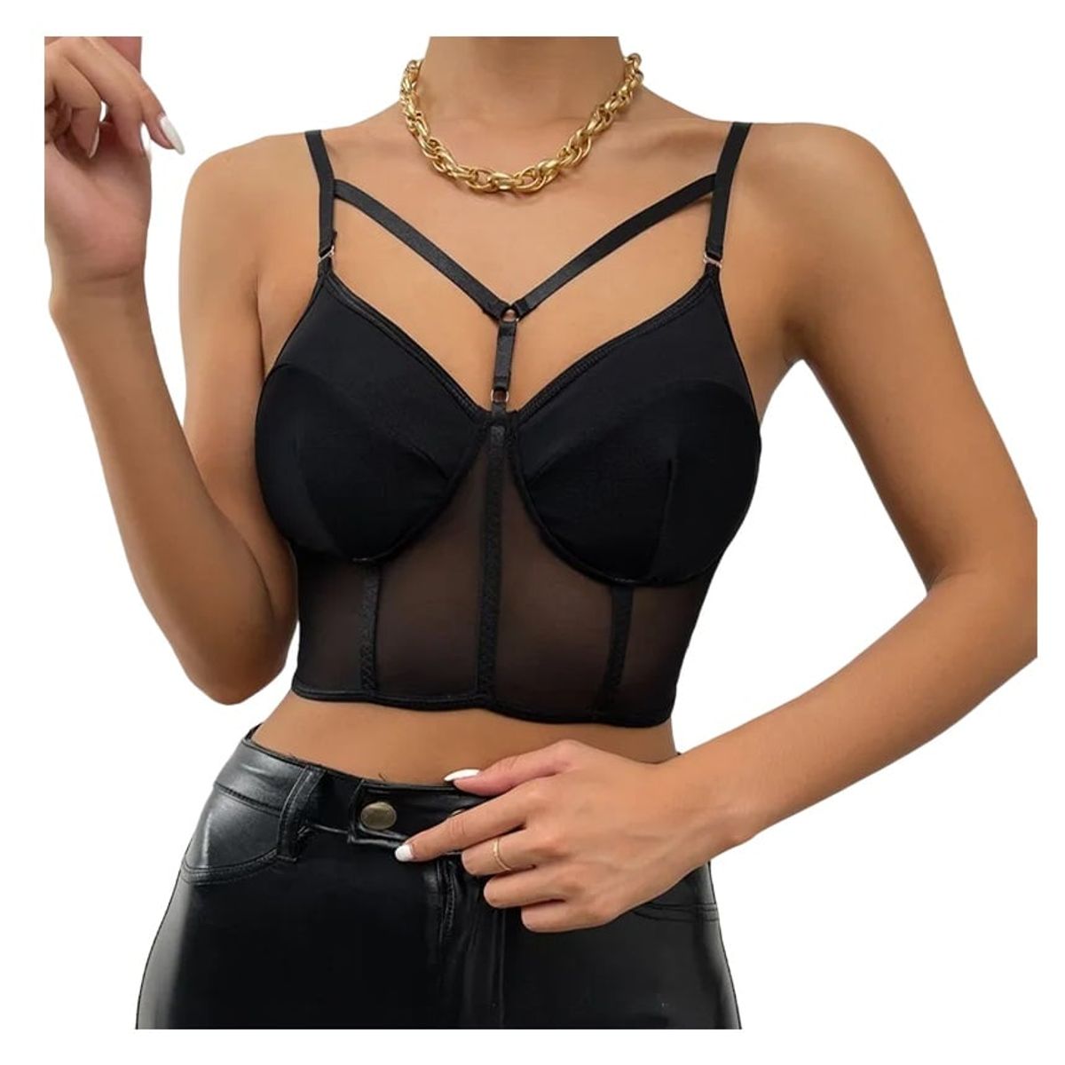 GARSIL - Peto Crops Top Corto Para Mujer Tela Malla Con Broches Y Tirante