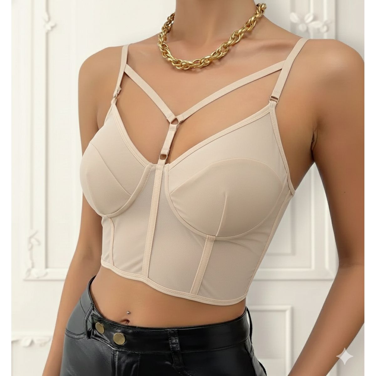 GARSIL - Peto Crops Top Corto Para Mujer Tela Malla Con Broches Y Tirante