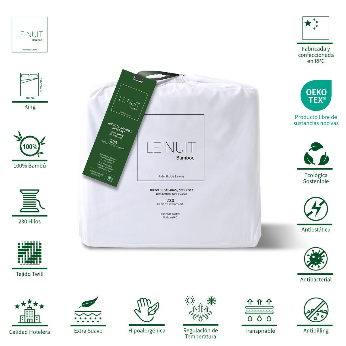 LE NUIT - Sábanas King 100% Bambú Twill 230 Hilos Essentials Liso Blanco