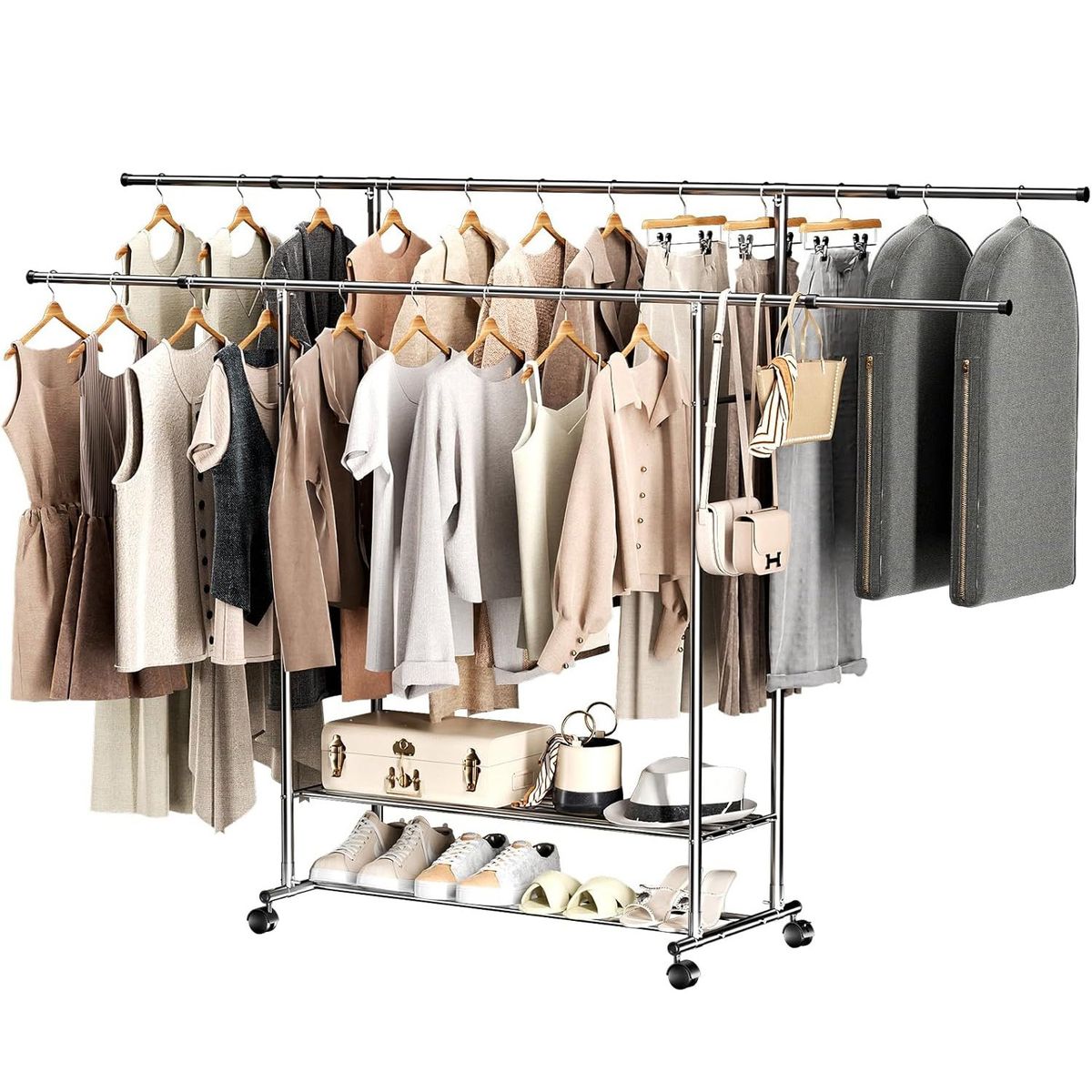 BLUEDREAMER - Percha de acero inoxidable de doble varilla con laterales retráctiles.