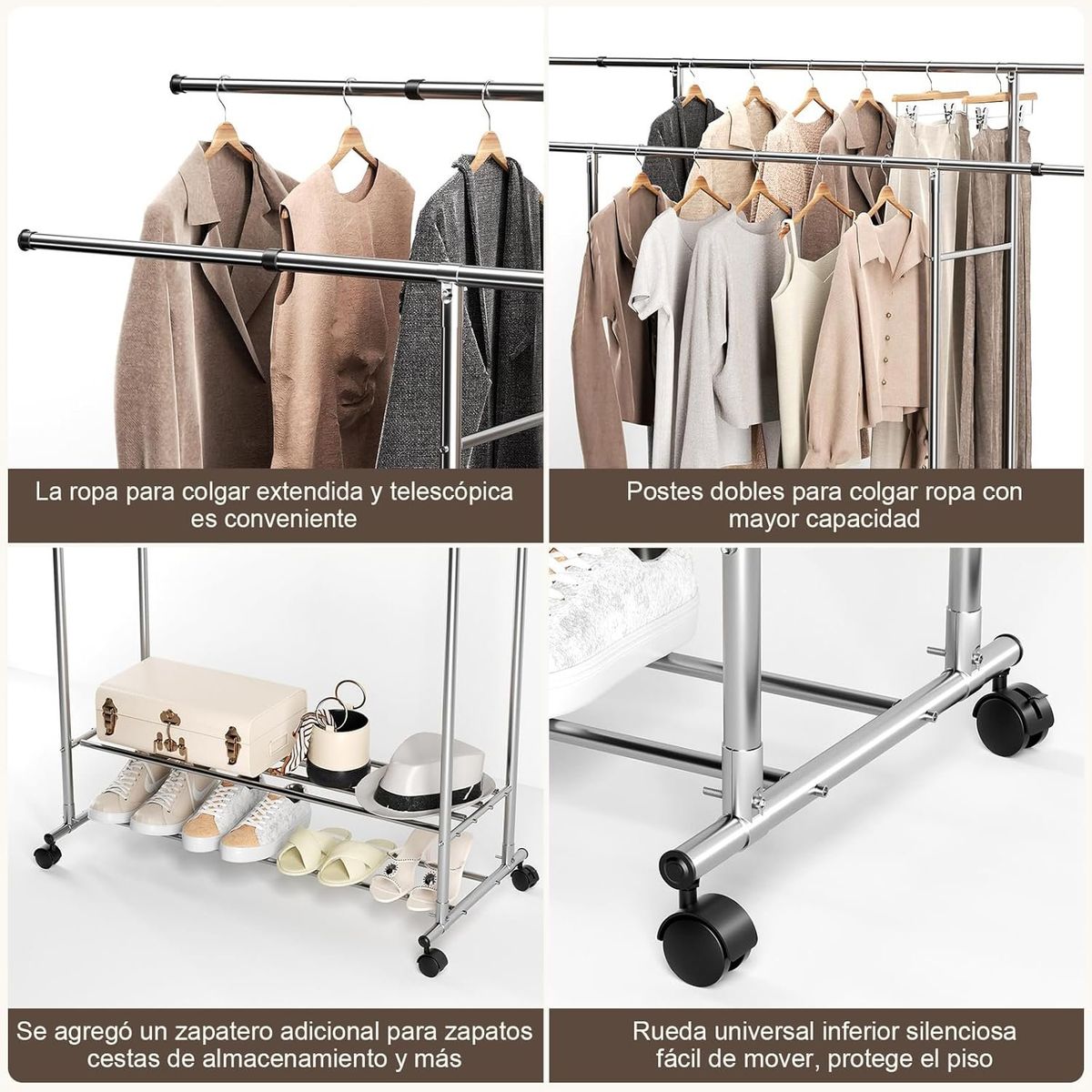 BLUEDREAMER - Percha de acero inoxidable de doble varilla con laterales retráctiles.