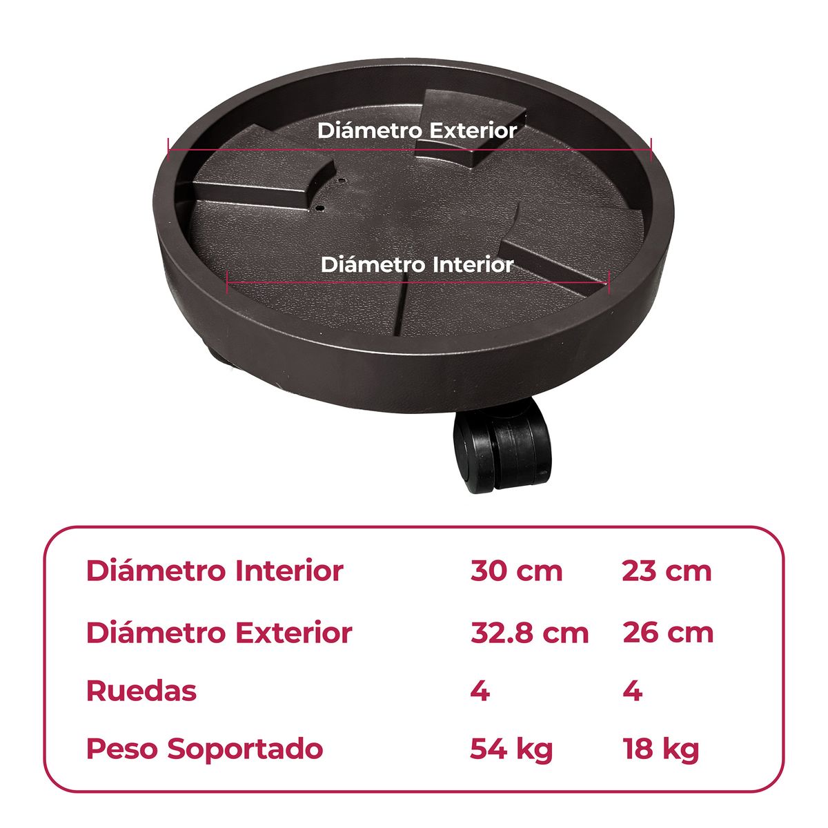 GENERICO - Porta Maceta Base Móvil Con Ruedas Y Bandeja Drenaje 23cm X3