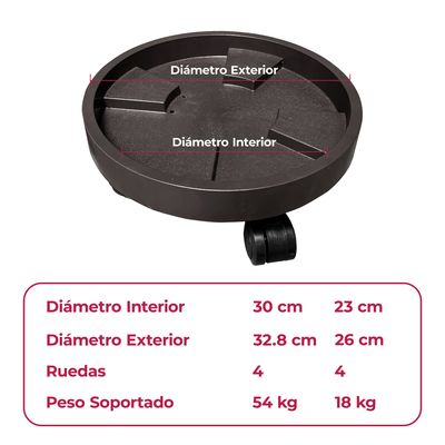 Imagen 2 del producto Porta Maceta Base Móvil Con Ruedas Y Bandeja Drenaje 30cm X3
