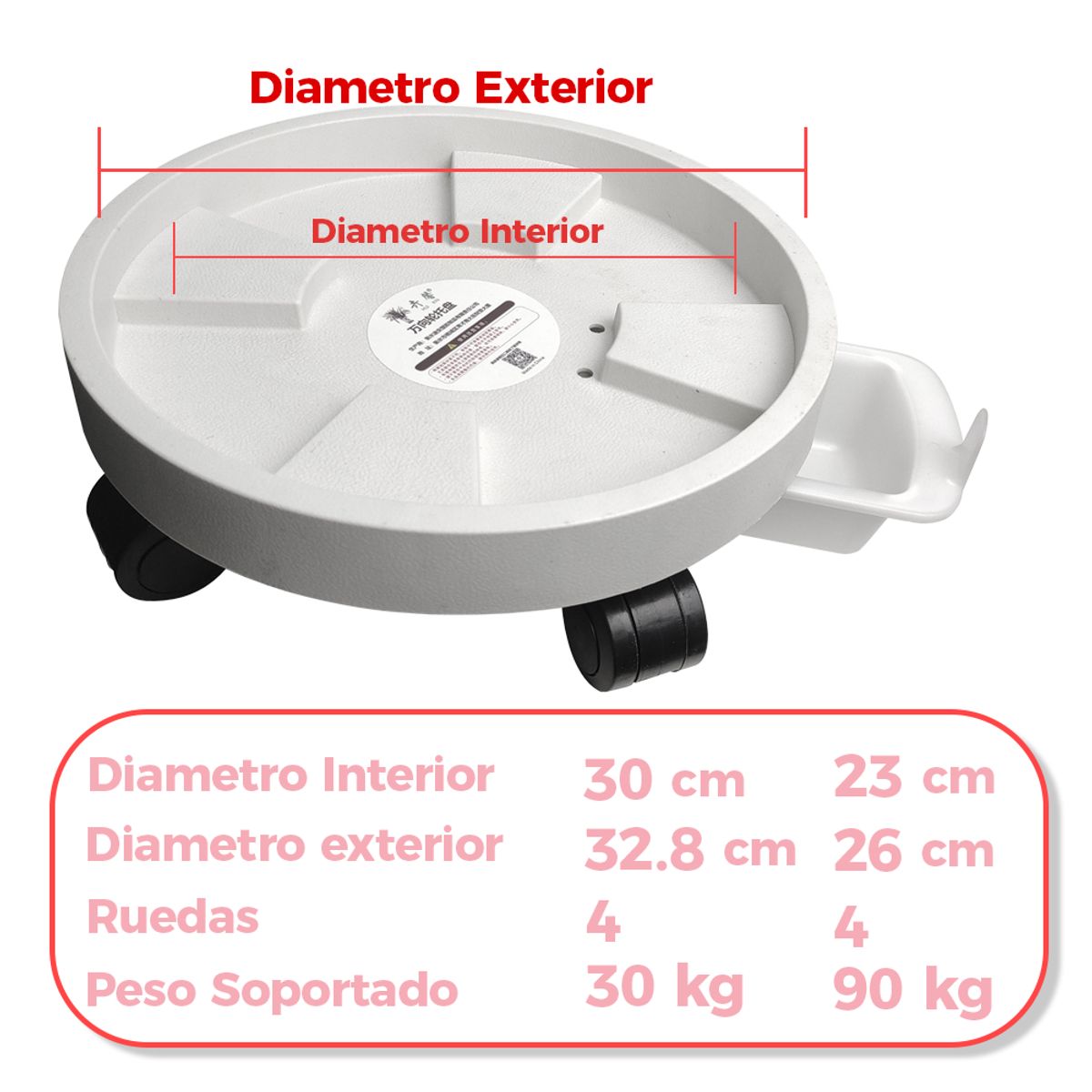 GENERICO - Porta Maceta Base Móvil Con Ruedas Y Bandeja Drenaje 30cm X3
