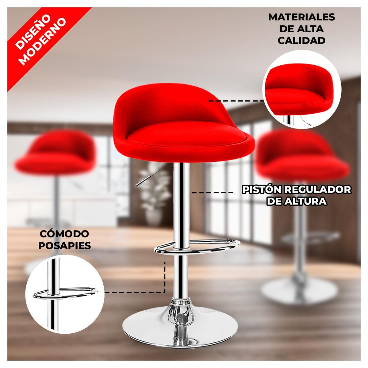 GLOBAL LATIN GROUP - Pack 3 Sillas Piso Bar - Rojo