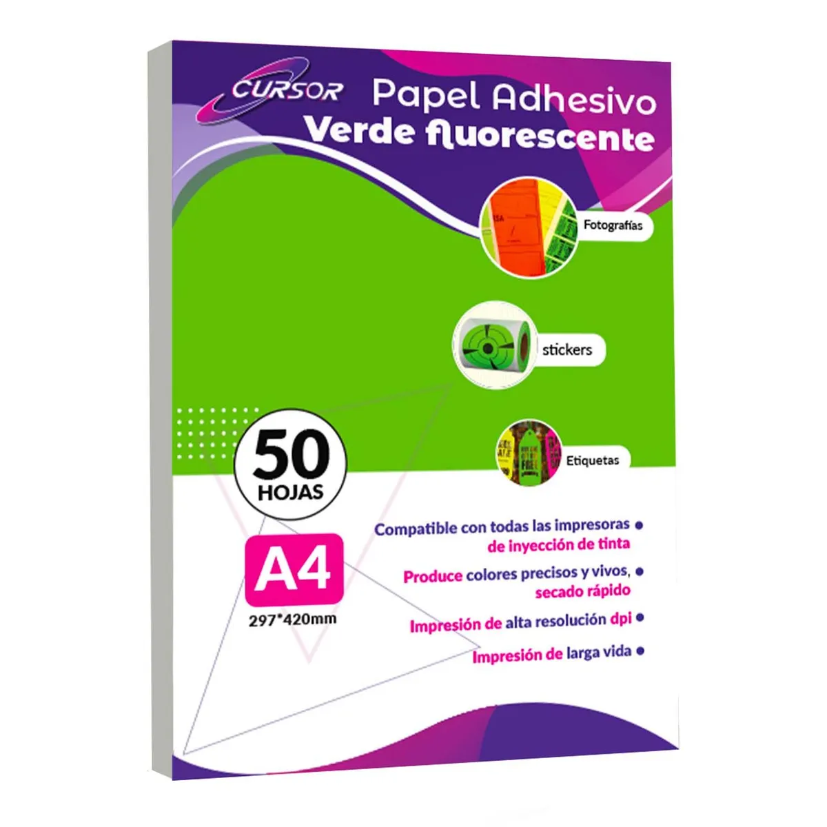CURSOR - Papel Adhesivo Verde Fluorescente Flour A4 Pack 50 Cursor