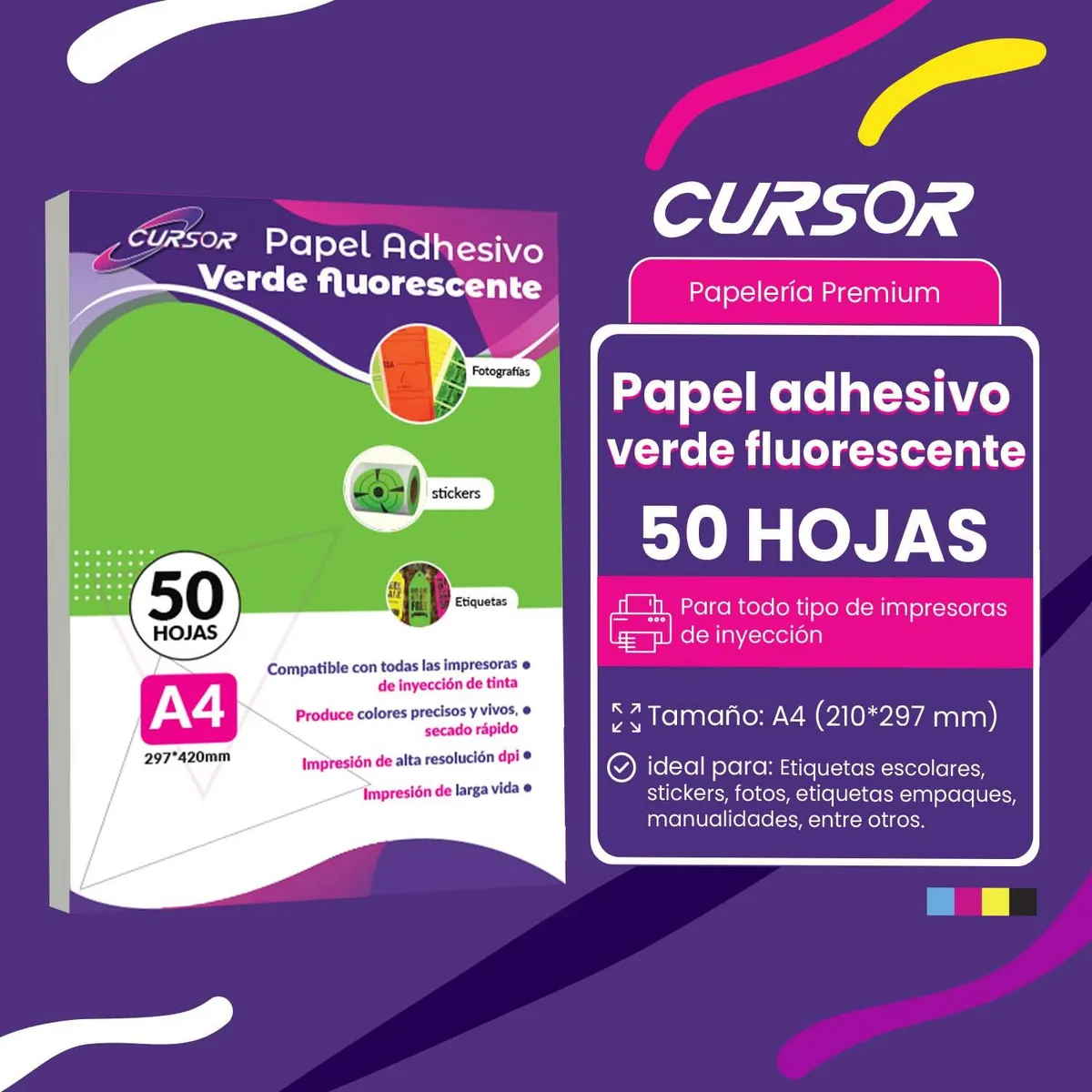CURSOR - Papel Adhesivo Verde Fluorescente Flour A4 Pack 50 Cursor