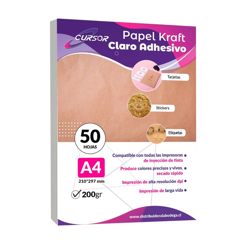 CURSOR - Papel Kraft Adhesivo Imprimible A4 200 Gr 50 Hojas Cursor