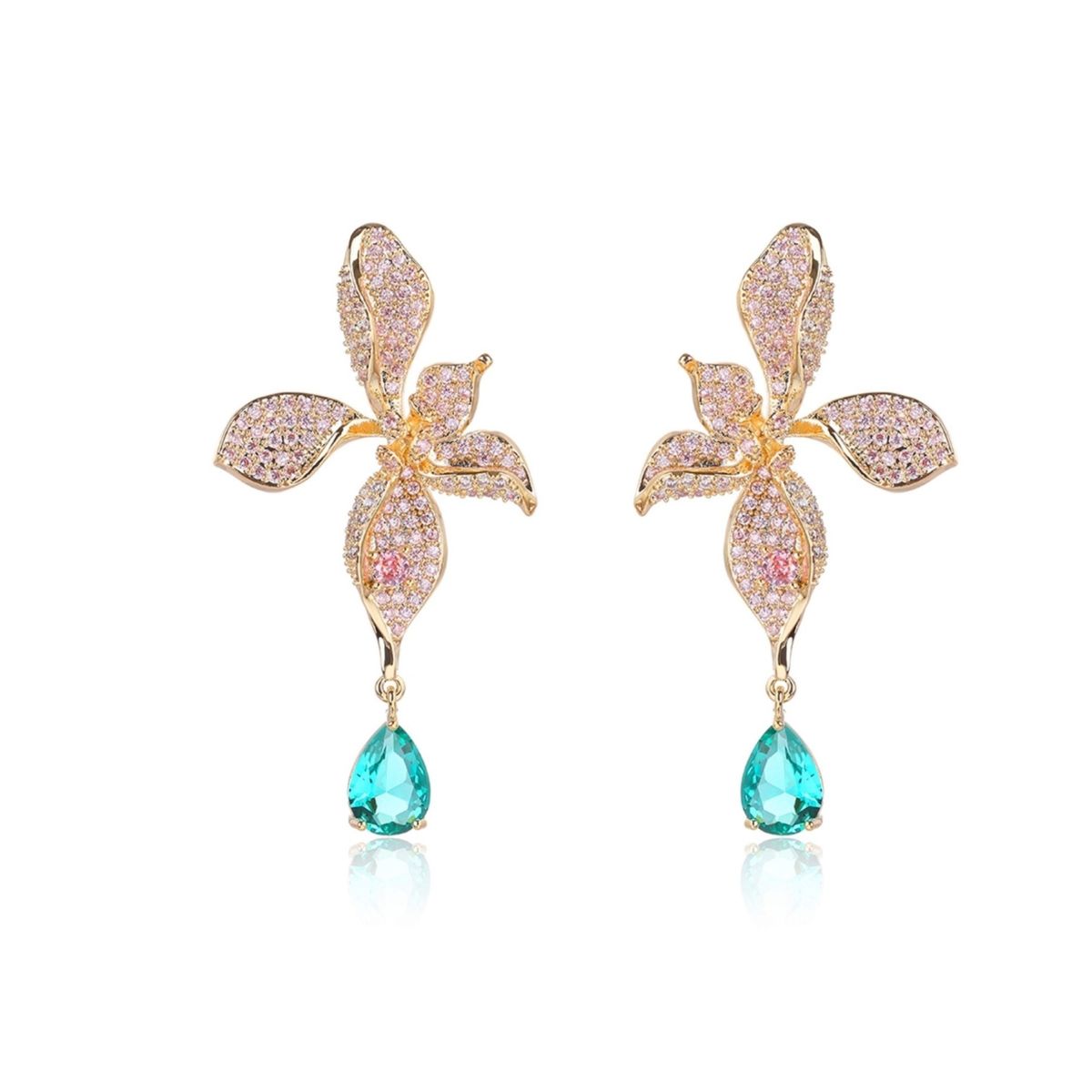 VANE COLLECTION - Aros mujer pegado colgante fino flor baño rodio pavé circones rosados