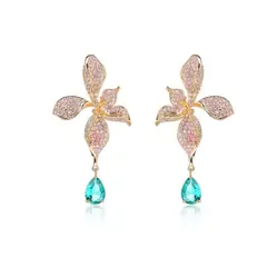 VANE COLLECTION - Aros para mujer pegado colgante fino flor baño rodio pavé circones rosados