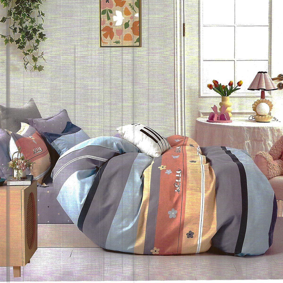 GENERICO - Sábanas 220 hilos con líneas multicolores 1,5 plz