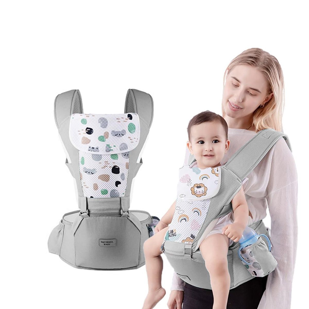 BABYMINE - Portabebé Ergonómico Asiento Multifuncional 6 En 1 Gris