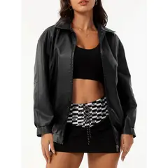 TIOZONEY - Chaqueta de PU para mujer con cinturón