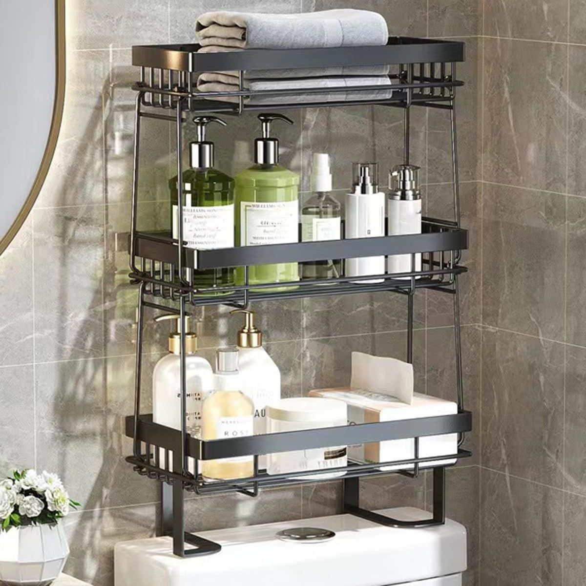 AIZO - AIZO 3 Niveles Estante Inodoro Ajustable Multiusos Negro 3 Niveles