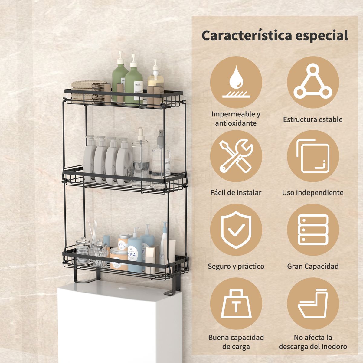 AIZO - AIZO 3 Niveles Estante Inodoro Ajustable Multiusos Negro 3 Niveles