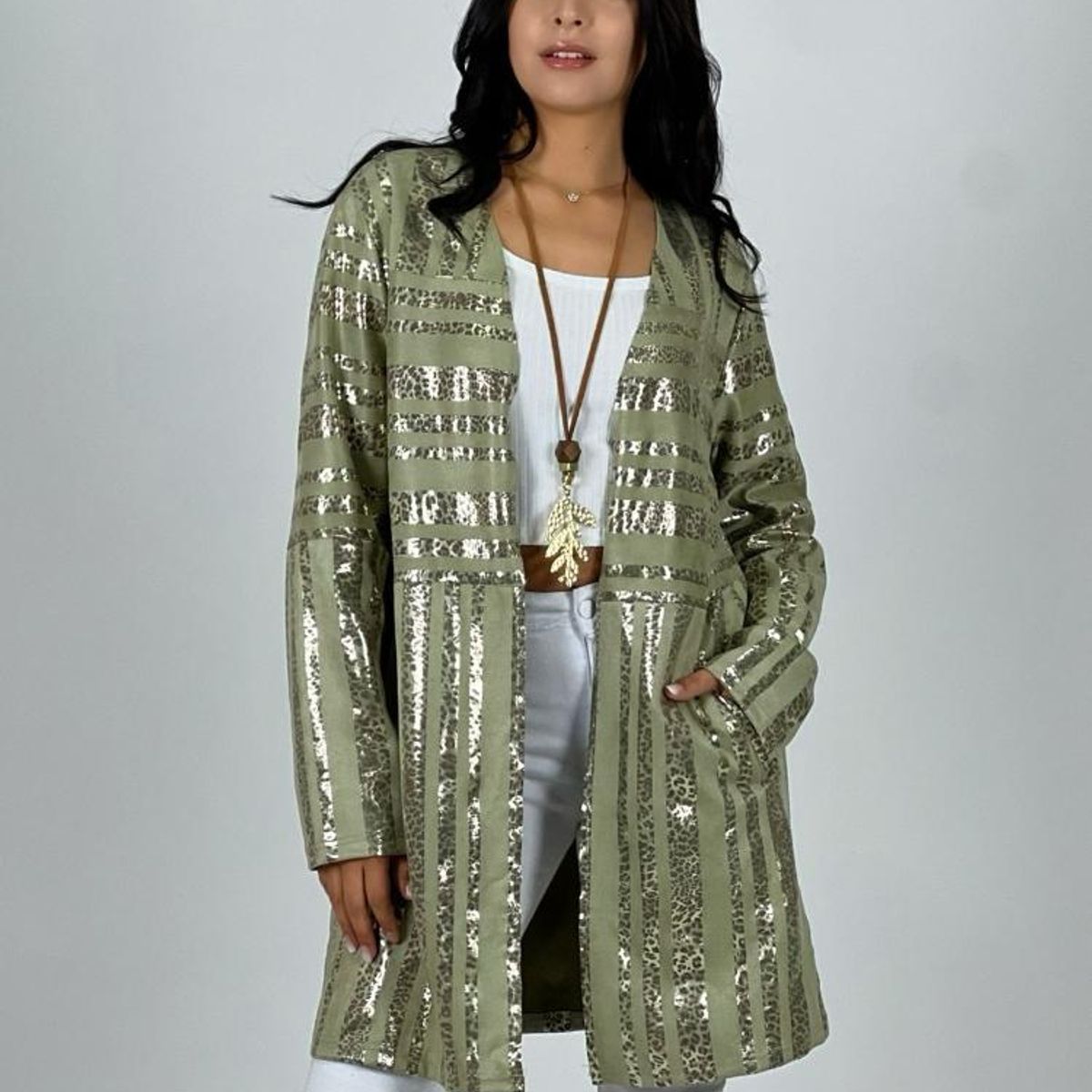ENIGMATICA BOUTIQUE - Chaqueta Gamuza Líneas Brillantes - Verde