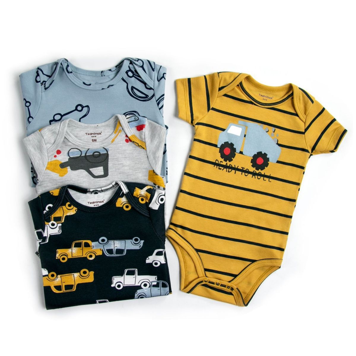 TEDMIMAK - Pack 4 Bodys Niño Manga Corta Tedmimak 100%  Algodón Autos Amarillo