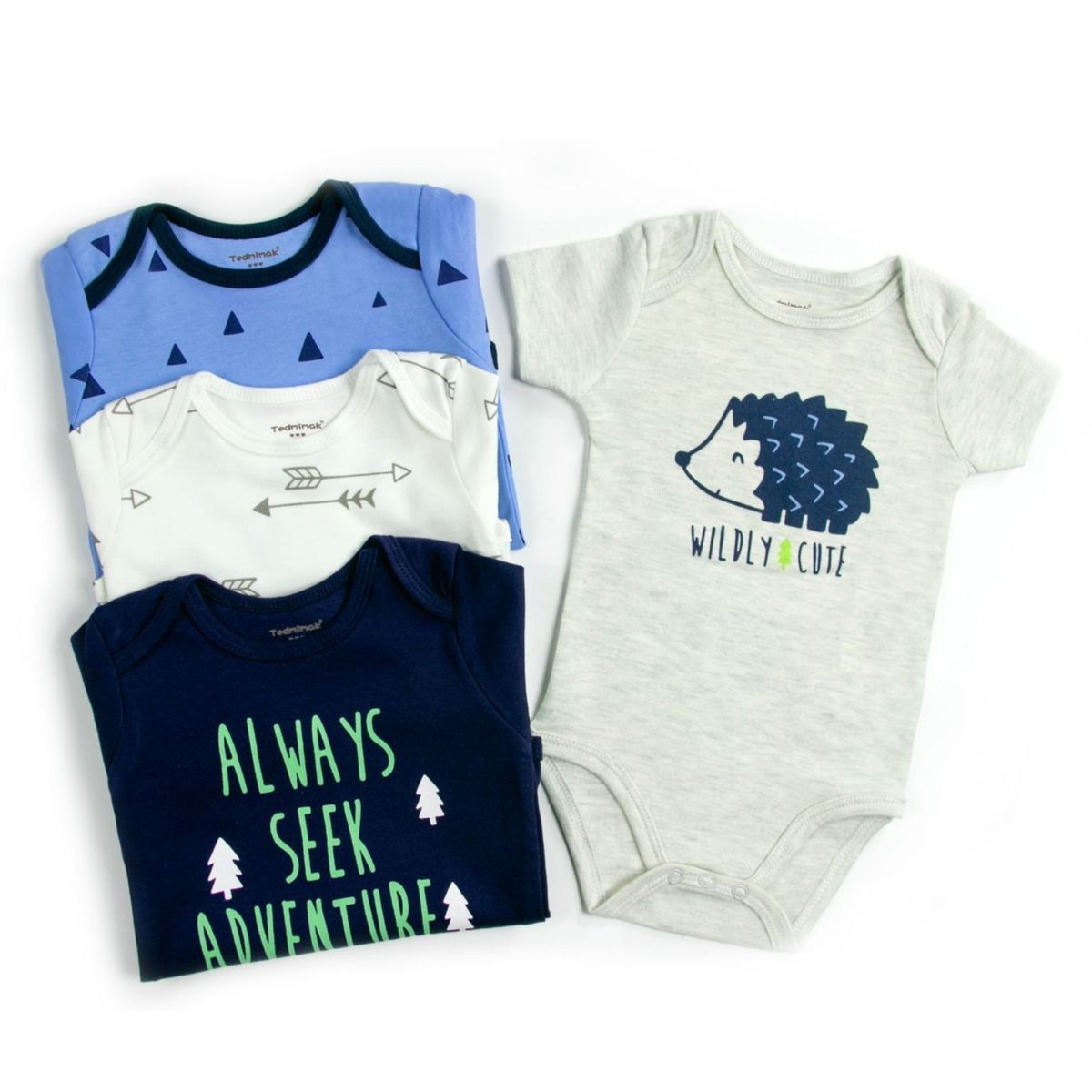 TEDMIMAK - Pack 4 Bodys Niño Manga Corta Tedmimak 100% Algodón Puercoespín Azul