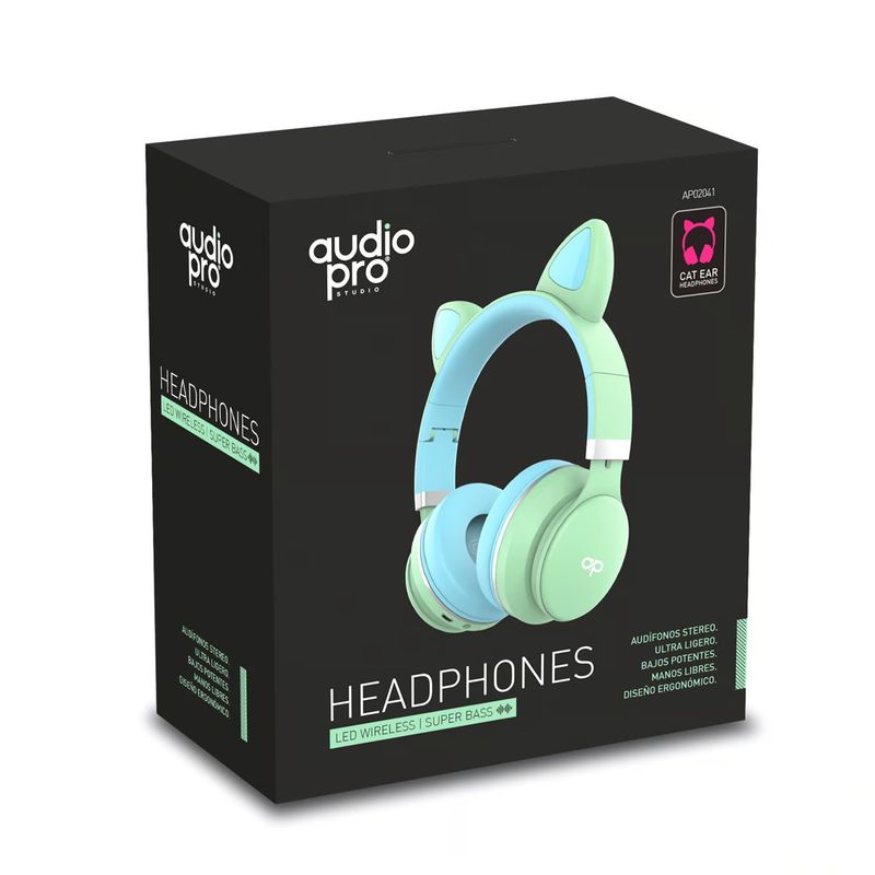 AUDIO PRO - Audifonos de Gato Bluetooth AUX Micro Sd LED Verde Audiopro