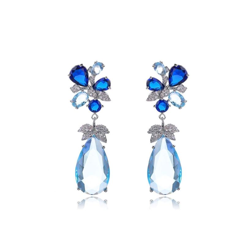 VANE COLLECTION - Aros mujer fino colgante baño de rodio y circones tonos azules