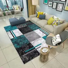 GENERICO - ALFOMBRA CON DISEÑO 200X300 CUADROS TURQUESA ANTIDESLIZANTE DELGADA