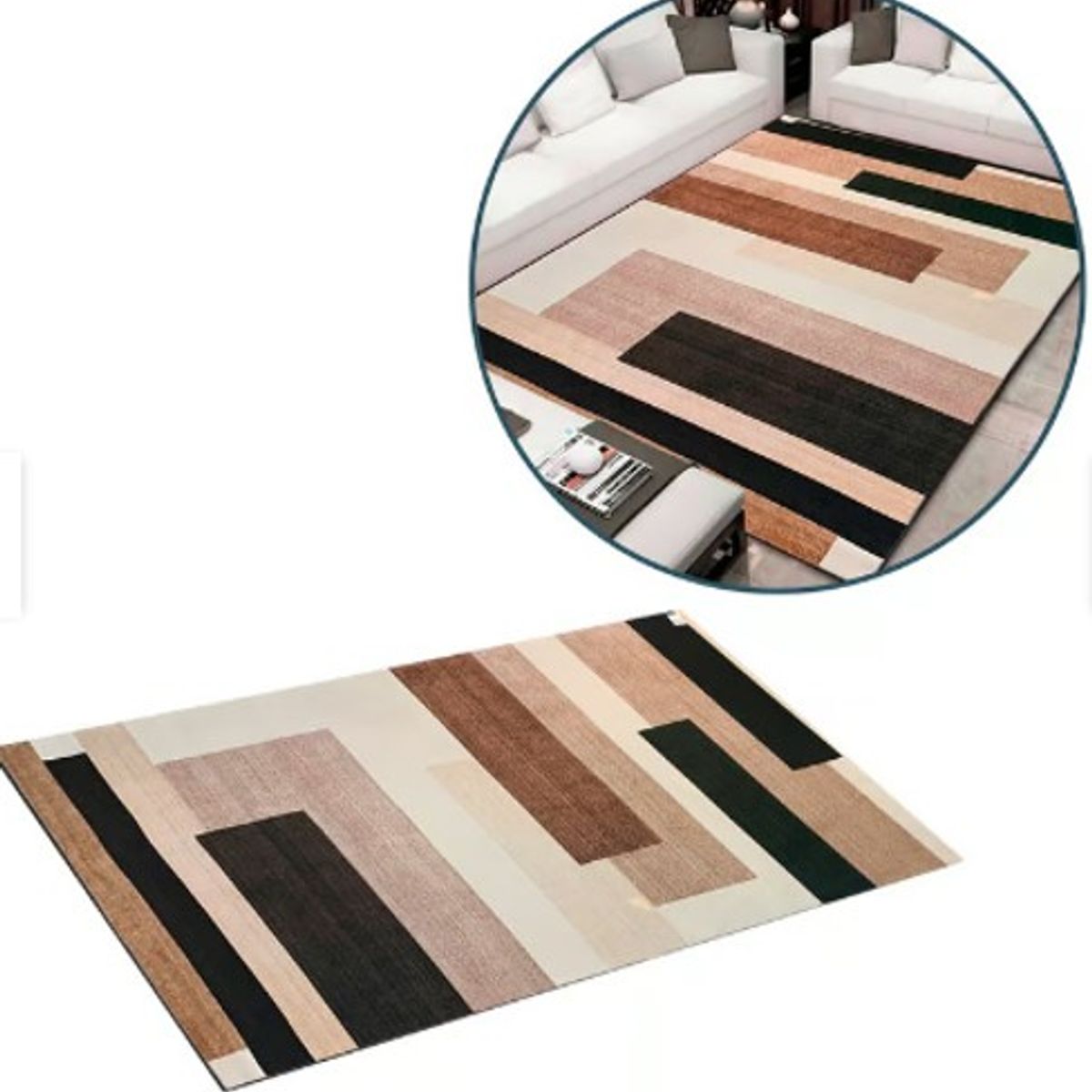 GENERICO - ALFOMBRA CON DISEÑO 200X300 RECTANGULOS BEIGE ANTIDESLIZANTE DELGADA