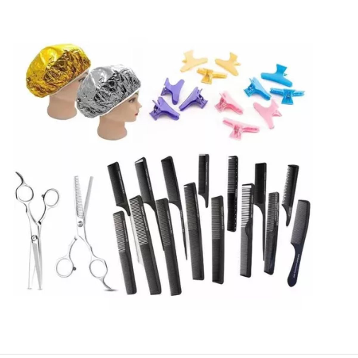 GENERICO - Kit 2 Tijeras + Set 15 Peinetas + Set 12 Tomador + 2 Gorros