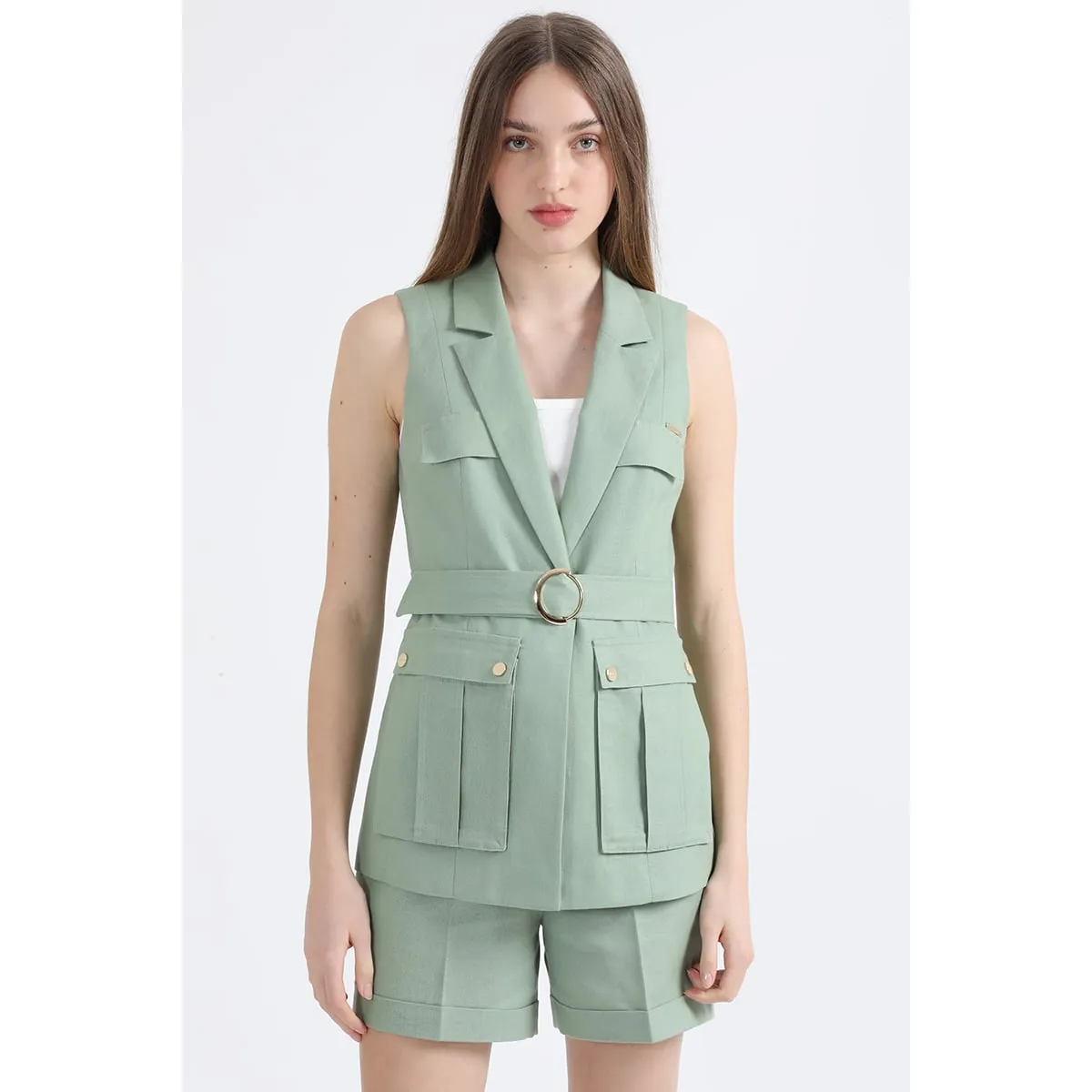 LIOLA - Chaqueta Sin Mangas Cargo, Lino Algodón, Verde Liola