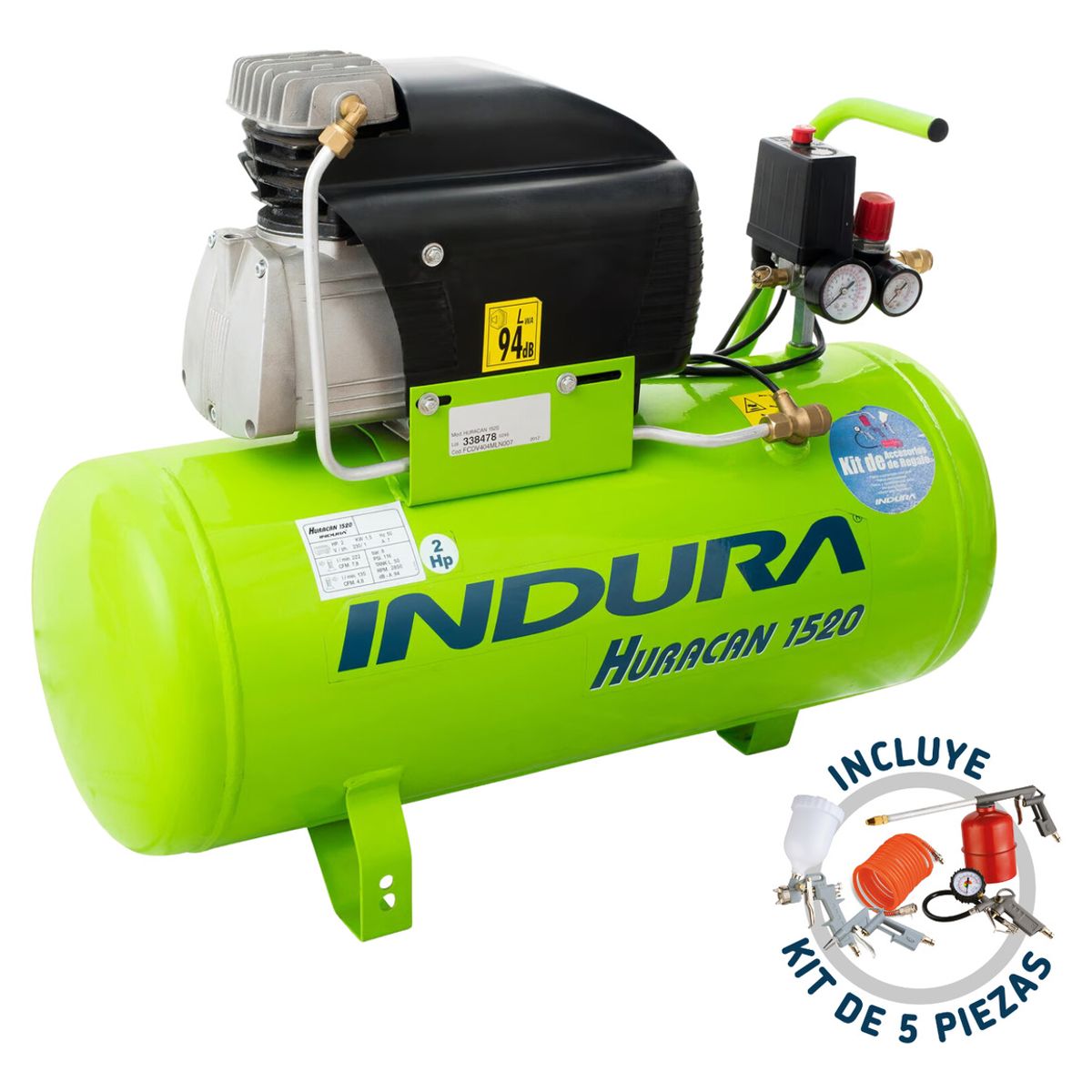 INDURA - Compresor 50 Lt 2HP Huracan 1520 Pro 2 + Kit Indura