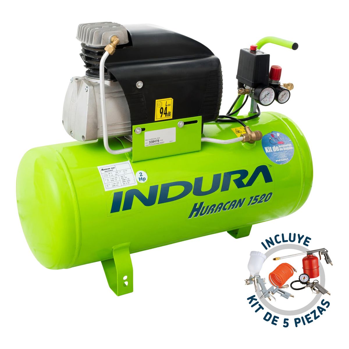INDURA - Compresor 50 Lt 2HP Huracan 1520 Pro 2 + Kit Indura