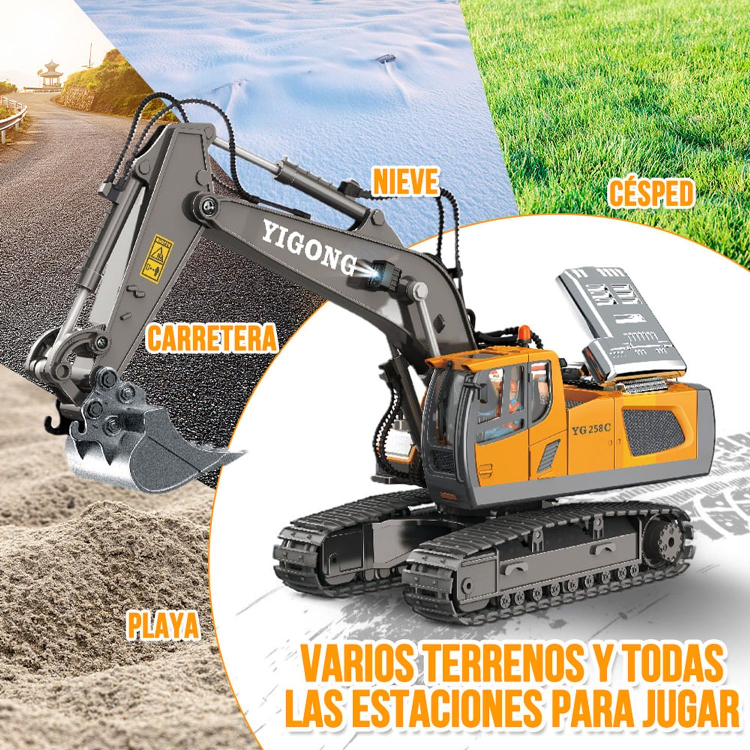 Excavadora Teledirigida 1:20 Con Pala De Metal | Control Remoto Con Luces, Sonidos Y Orugas Para Todoterreno