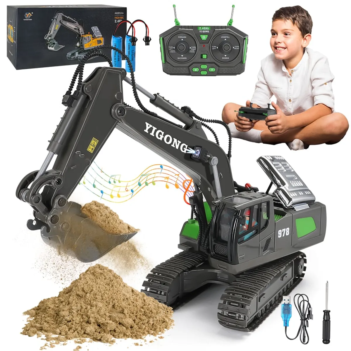 LUKOVEE - 1:20 Excavadora Control Remoto Rc Juguete 11 Canal Aleación