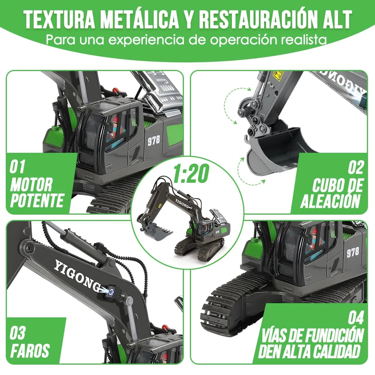 LUKOVEE - 1:20 Excavadora Control Remoto Rc Juguete 11 Canal Aleación