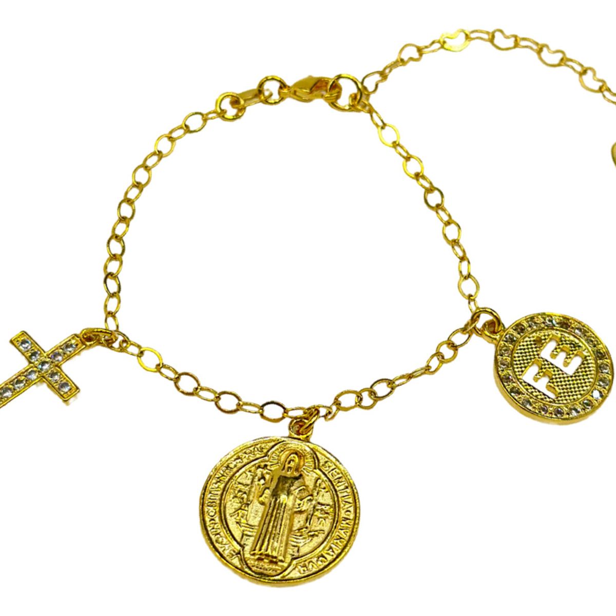 GENERICO - Pulsera San Benito Cruz Circon Fe Enchapada Oro 24 Kl + Caja
