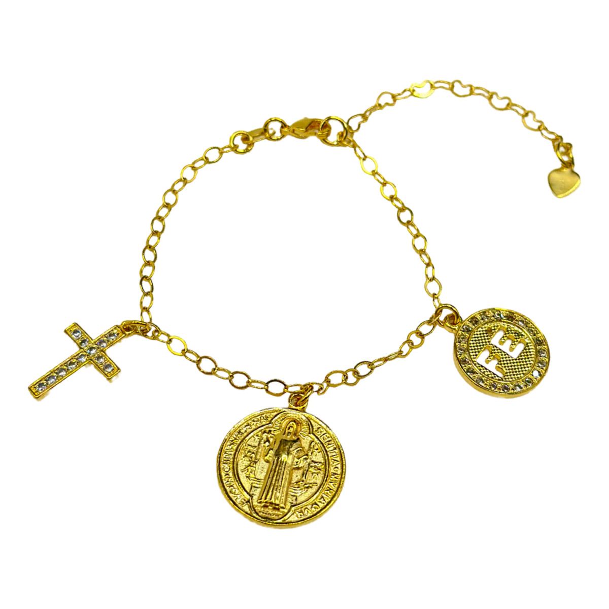 GENERICO - Pulsera San Benito Cruz Circon Fe Enchapada Oro 24 Kl + Caja