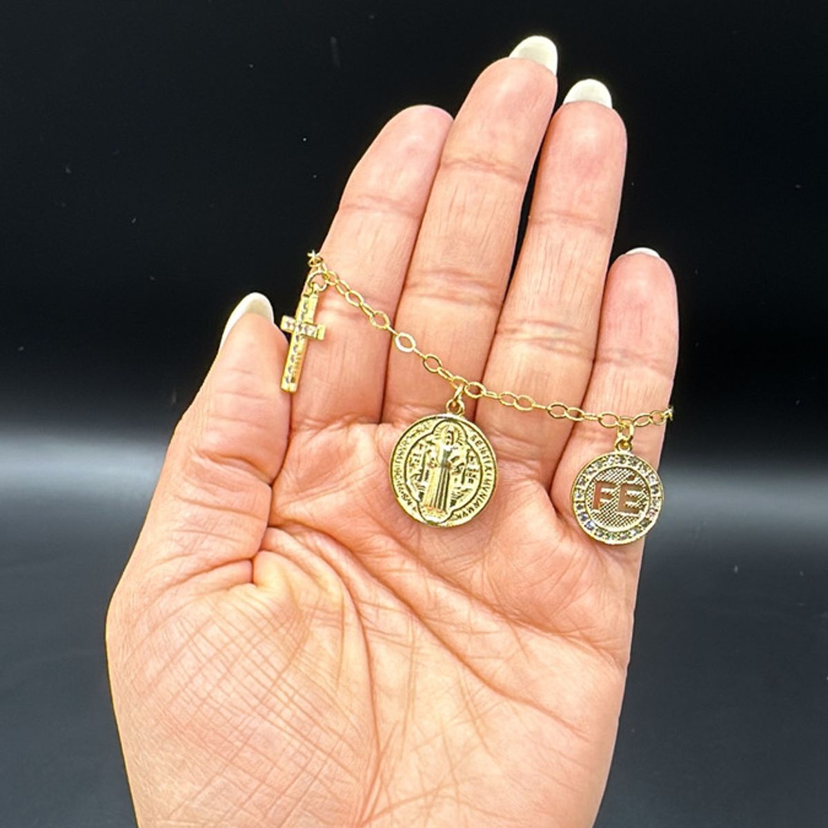 GENERICO - Pulsera San Benito Cruz Circon Fe Enchapada Oro 24 Kl + Caja