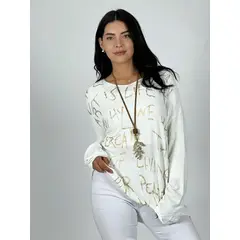 ENIGMATICA BOUTIQUE - Sweater Spandex Letras Doradas Cuello V - Beige