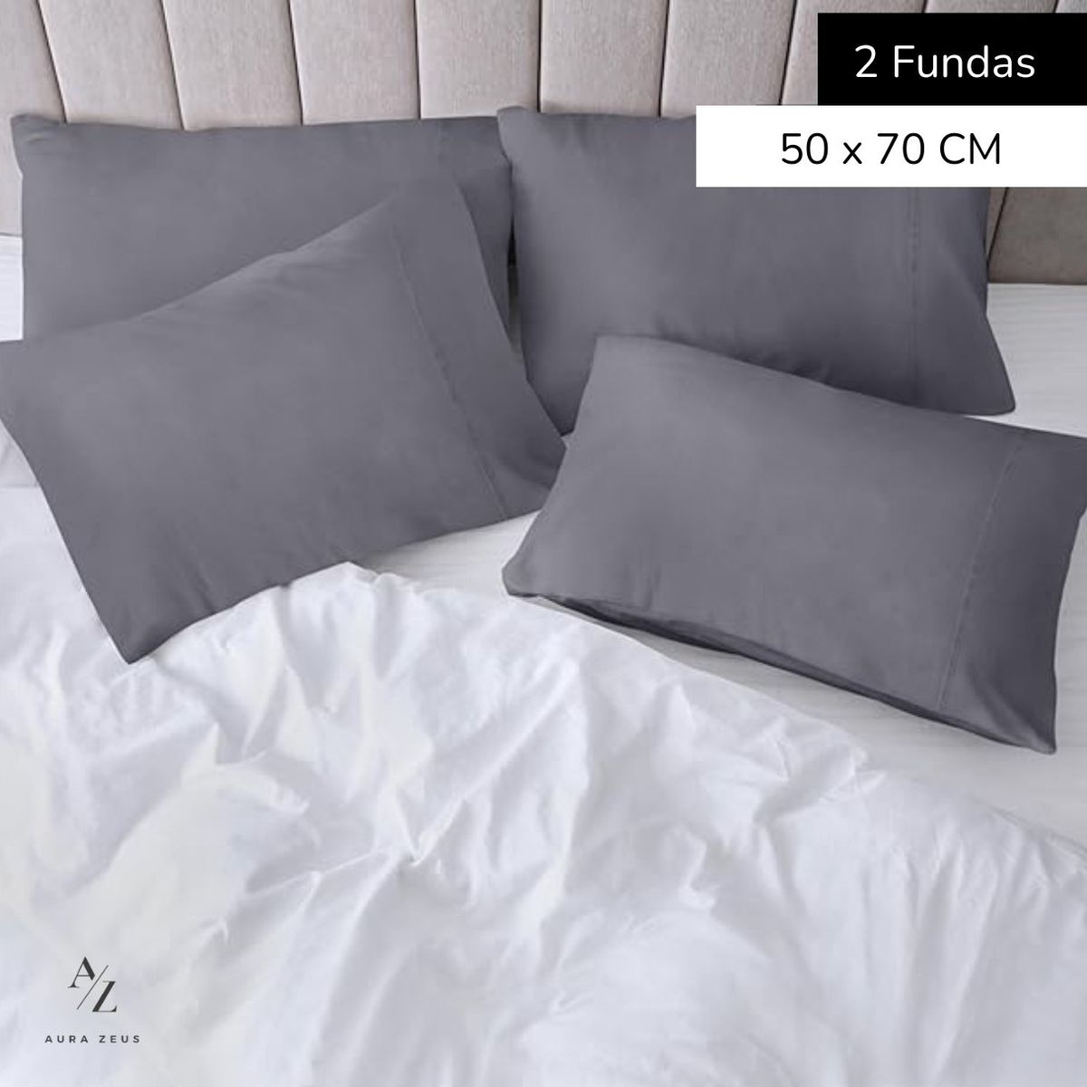 AZ AURAZEUS - Set 2 Fundas De Almohada 50x70 Gris Suave Hilos Aura Zeus